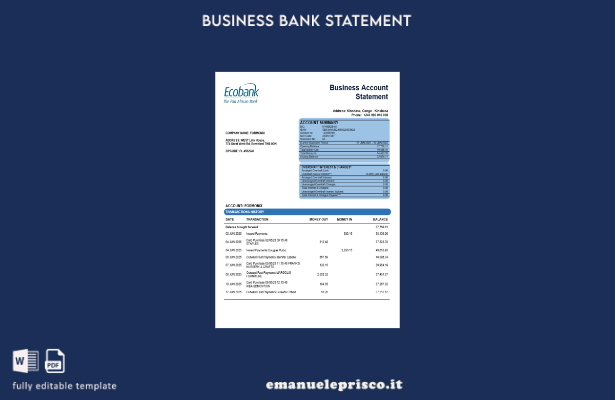stile verificato Estratto conto aziendale Congo Ecobank Modello Word e PDF