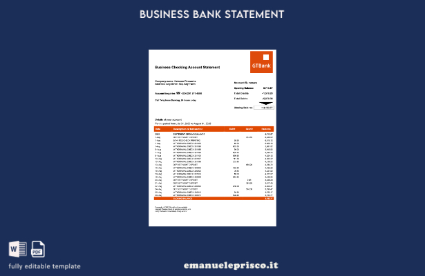 stile verificato Estratto conto aziendale Nigeria GTBank Modello Word e modello