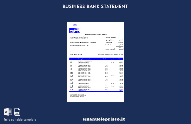 stile verificato Estratto conto aziendale della Bank of Irish Modello Word e PDF