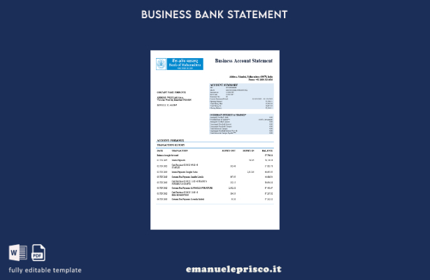 stile verificato Estratto conto aziendale della Bank of Maharashtra Modello Word