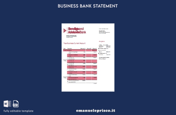 stile verificato Estratto conto aziendale di Bendigo e Adelaide Bank Modello Wor