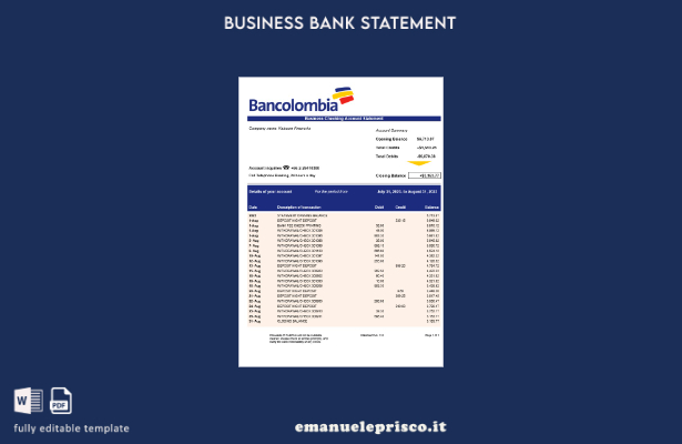 stile verificato Estratto conto bancario Bancolombia Modello Word e PDF