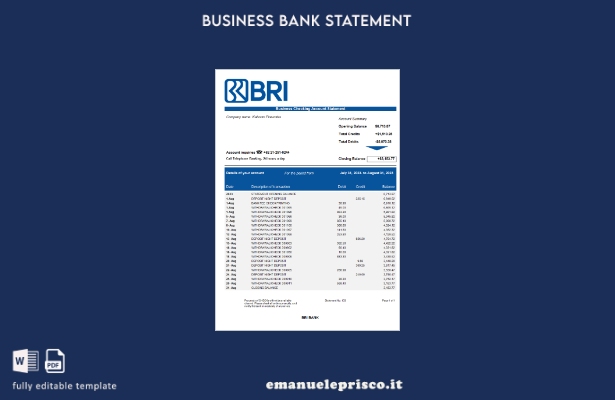stile verificato Estratto conto bancario aziendale Bank BRI Modello Word e PDF