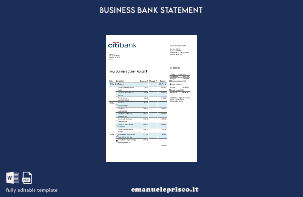 stile verificato Estratto conto bancario aziendale Citibank Modello Word e PDF