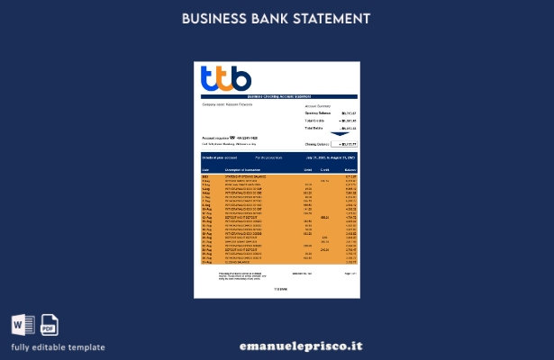 stile verificato Estratto conto corrente aziendale di TTB Bank Modello Word e mo