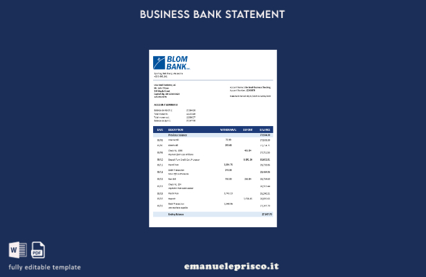 stile verificato Modello Word e PDF dell'estratto conto aziendale della Blom Ban