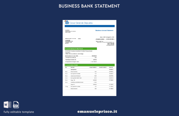 stile verificato Modello Word e PDF di estratto conto aziendale Caixa Geral de D