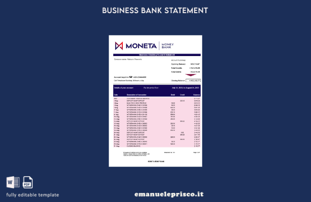 stile verificato Modello di estratto conto aziendale Moneta Money Bank Modello W