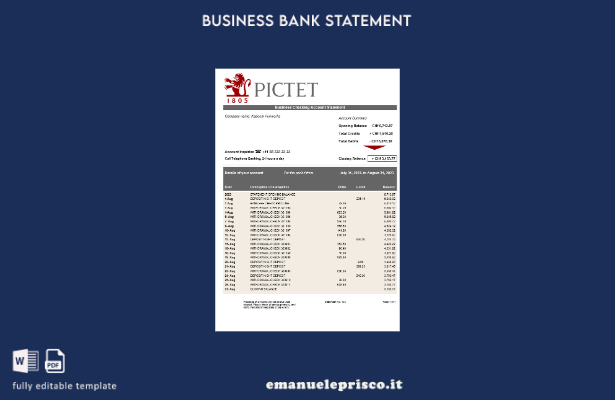 stile verificato Modello di estratto conto aziendale Pictet Bank in Word e PDF