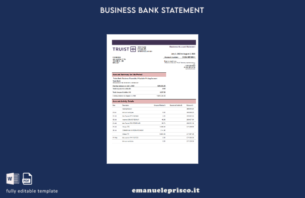 stile verificato Modello di estratto conto aziendale Word e PDF di Truist Bank
