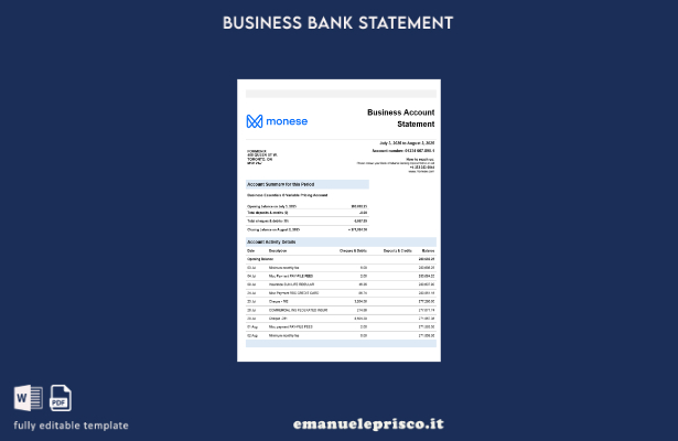 stile verificato Modello di estratto conto bancario aziendale della banca Monese
