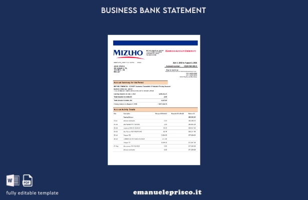 stile verificato Modello di estratto conto della società bancaria del Mizuho Fin