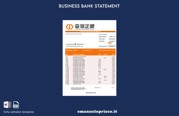 stile verificato Modello di modello Word e PDF di estratto conto bancario aziend