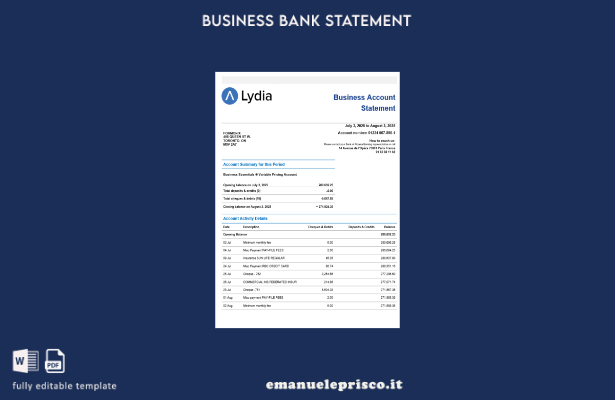 stile verificato modello di estratto conto della società bancaria Lydia Noir in