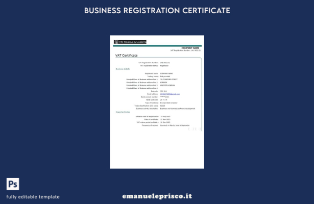 Certificato IVA britannico in stile verificato Modello Word e PDF