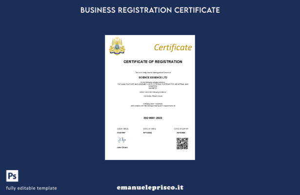 Certificato di registrazione Cambogia in stile verificato Modello Word e PDF