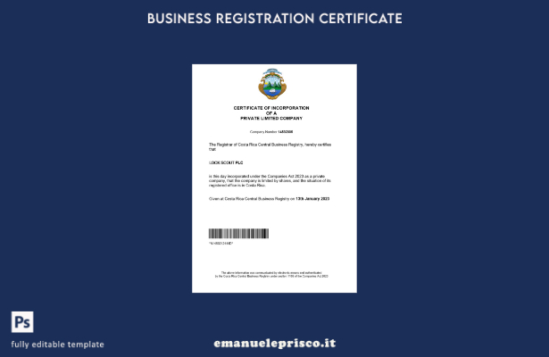 Certificato di registrazione Costa Rica in stile verificato Modello Word e PDF