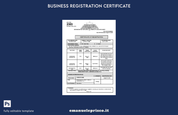Certificato di registrazione Filippine stile verificato Modello Word e PDF
