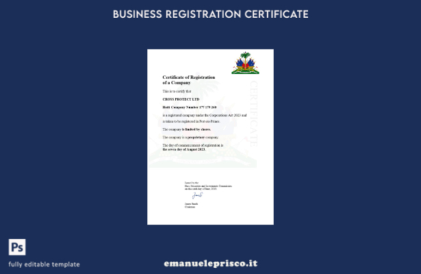 Certificato di registrazione Haiti in stile verificato Modello Word e PDF