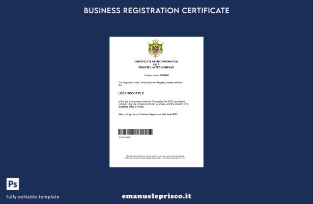 Certificato di registrazione Italia stile verificato Modello Word e PDF
