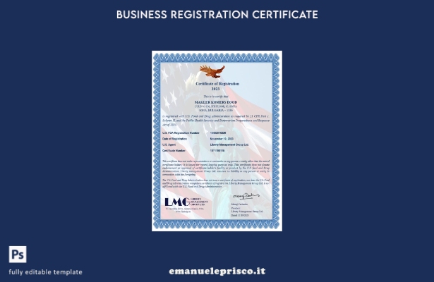 Certificato di registrazione USA LMG in stile verificato, modello Word e PDF, mo