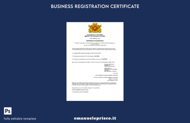 Certificato di registrazione aziendale Myanmar in stile verificato Modello Word