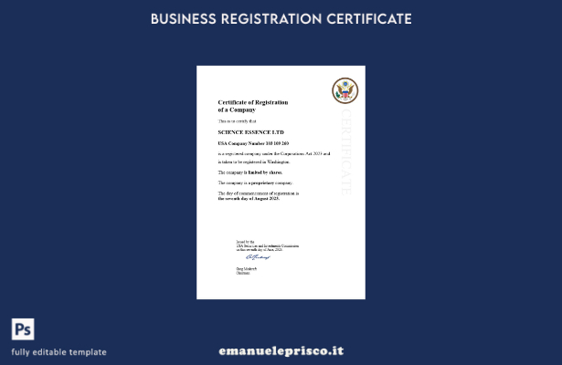 Certificato di registrazione aziendale USA in stile verificato Modello Word e PD