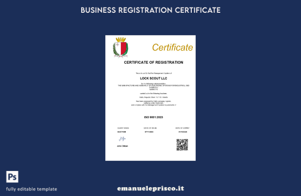Certificato di registrazione aziendale di Malta in stile verificato Modello Word