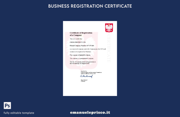 Certificato di registrazione aziendale in stile verificato Polonia Modello Word