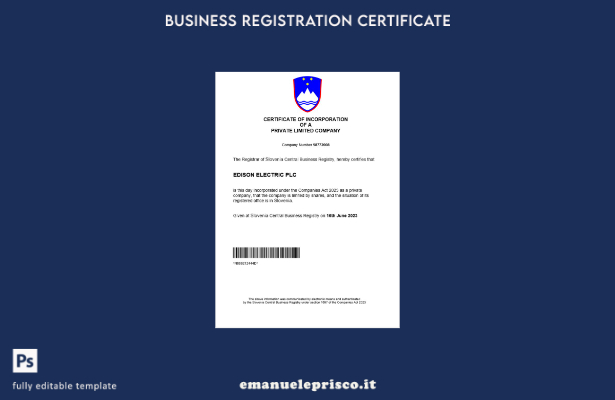 Certificato di registrazione aziendale in stile verificato in Slovenia Modello W
