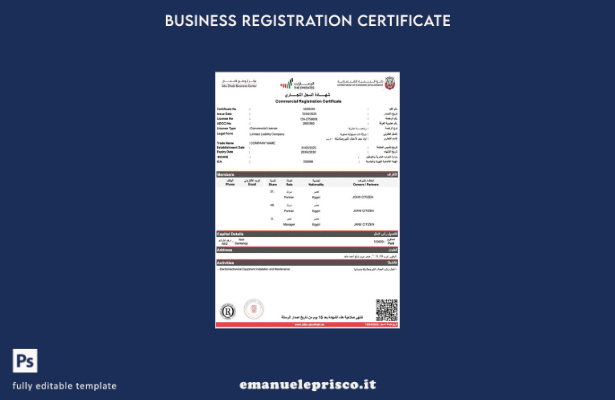 Certificato di registrazione commerciale degli Emirati Arabi Uniti in stile veri