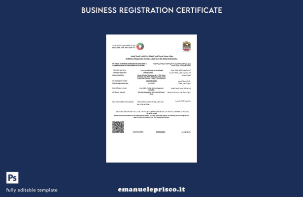 Certificato di registrazione degli Emirati Arabi Uniti in stile verificato per l