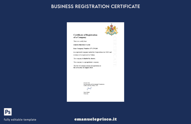 Certificato di registrazione dell'Iran in stile verificato Modello Word e PDF