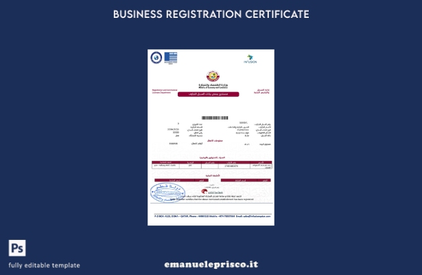 Certificato di registrazione e licenza commerciale del Qatar in stile verificato