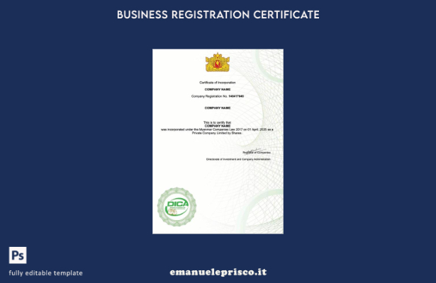 certificato di costituzione Myanmar in stile verificato modello Word e PDF