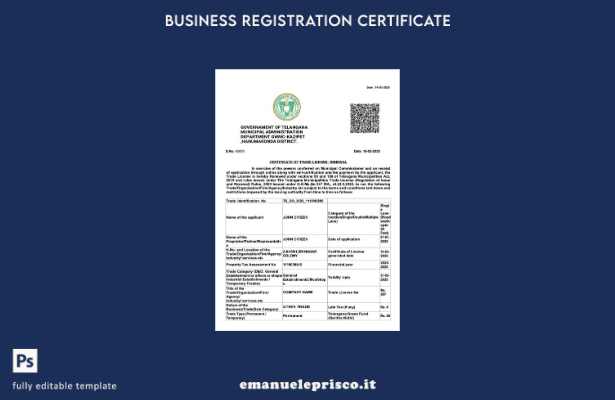 certificato di licenza commerciale India Telangana in stile verificato Modello W