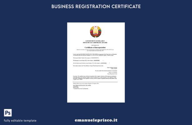 certificato di registrazione Bielorussia in stile verificato Modello Word e PDF