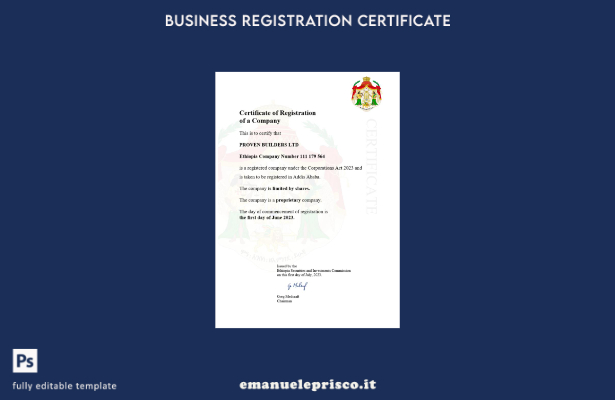 certificato di registrazione Etiopia in stile verificato modello Word e PDF