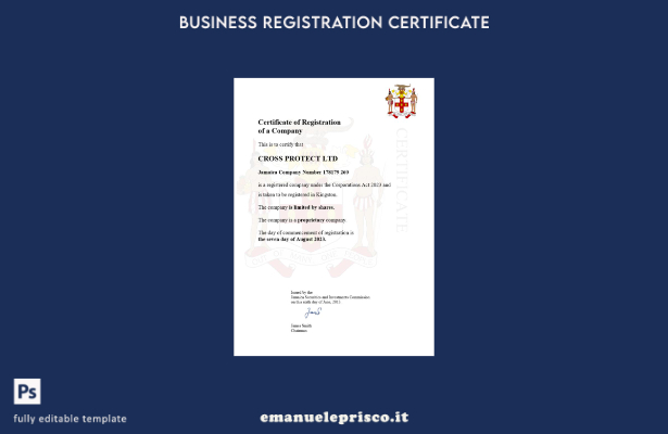 certificato di registrazione Giamaica in stile verificato modello Word e PDF