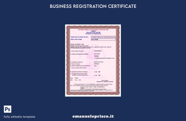 certificato di registrazione IVA dell'India del Bengala occidentale in stile ver