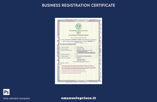 certificato di registrazione India Telangana stile verificato Modello Word e PDF