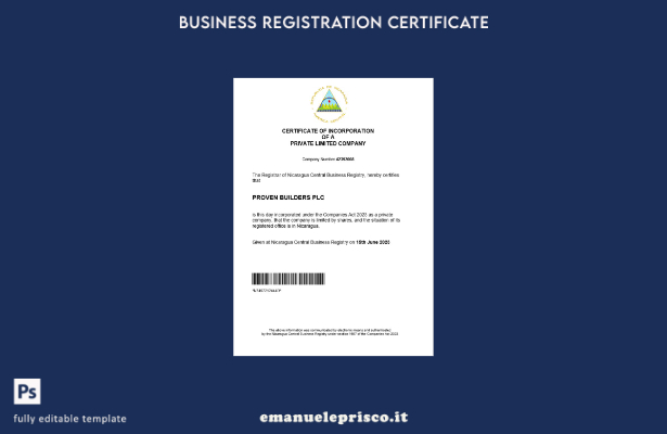 certificato di registrazione aziendale del Nicaragua in stile verificato modello