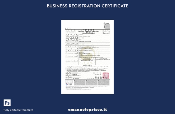 certificato di registrazione aziendale della Corea del Sud in stile verificato 1