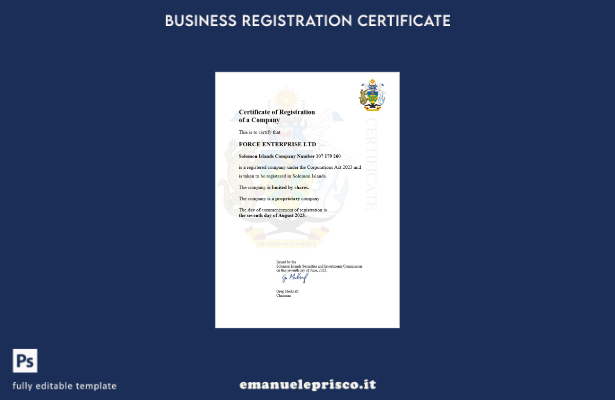 certificato di registrazione aziendale delle Isole Salomone in stile verificato