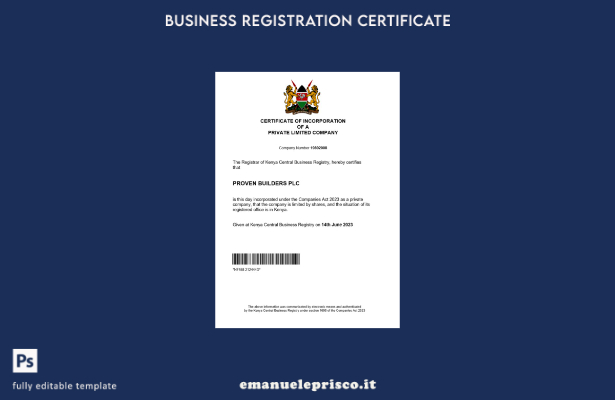 certificato di registrazione aziendale in Kenya in stile verificato modello Word