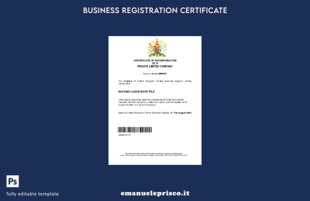 certificato di registrazione aziendale in stile verificato del Regno Unito Model