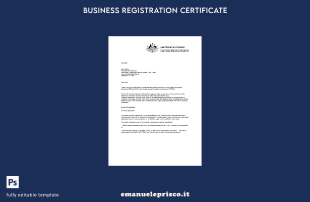 certificato di registrazione aziendale in stile verificato in Australia e modell