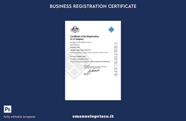 certificato di registrazione aziendale in stile verificato in Australia, modello