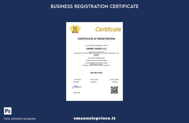 certificato di registrazione aziendale in stile verificato in Portogallo Modello