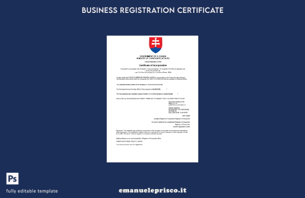 certificato di registrazione aziendale in stile verificato in Slovacchia Modello